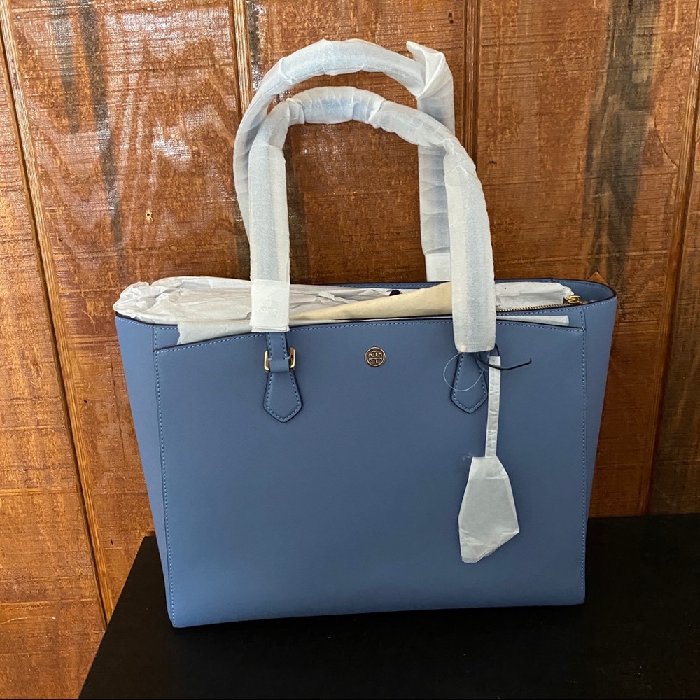 Tory Burch Robinson Saffiano Leather Tote Bluewood - Picture 7 of 11
